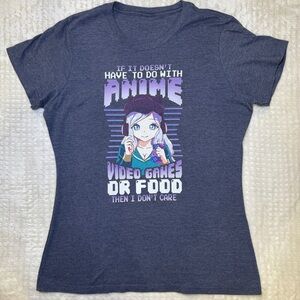 Dark Gray Graphic T-Shirt with Purple Anime Girl Video Games & Food is Life‎
